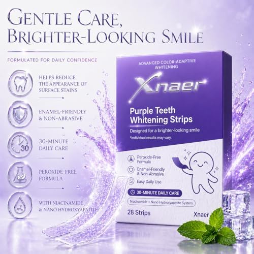 Purple Teeth Whitening Strips for Sensitive Teeth, 30-Minute Teeth Whitening Strips to Help Remove Coffee & Tea Stains, Mint Whitening Strips Freshen Breath, Enamel Safe, Non-Slip, 28 Strips