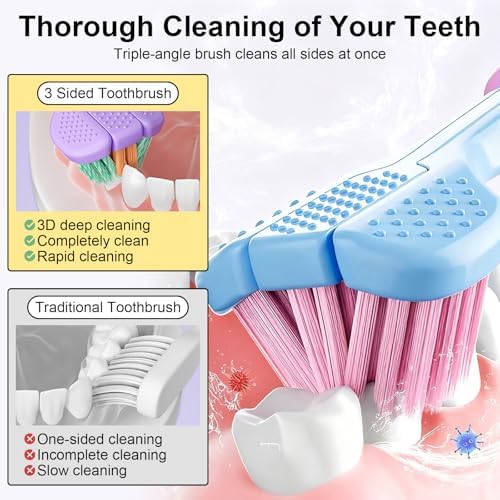 3 Sided Toothbrush with Tongue Scraper, 2026 New Upgraded Medium Extra Soft Toothbrushes for Adults and Youth, Multi-Angle Deep Clean for Gums, Sulci and Hard-to-Reach Back Teeth (A 4Pack)