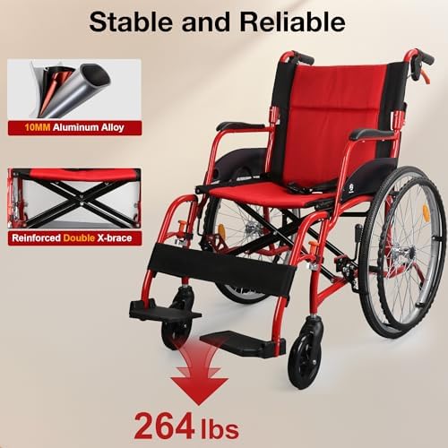 Wheelchairs for Adults, WHLICKS Premium Comfortable Transport Wheelchair Lightweight Foldable，25lb Portable Transfer Chair for Seniors with Swing-Away footrests and Anti Tipper, 264lb Capacity