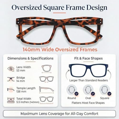 Eyekepper 5 Pack Reading Glasses +1.75, Oversized Square Large Frame Readers for Men Women, Fashion Spring Hinge Eyeglasses, Multi-Color Value Pack