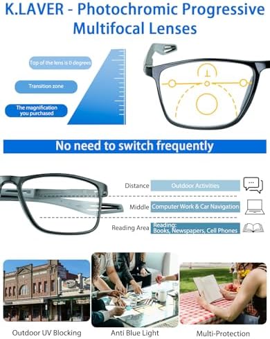 K.LAVER Photochromic Progressive Multifocus Reading Glasses Blue Light Blocking Multifocal Readers Spring Hinge Sunglasses