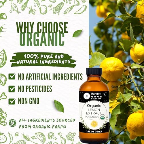 Organic Lemon Extract for Baking, Ice Cream, Drinks, and Candy - 2 oz - Water-Soluble - By Harvest Moon Delights - Pure Lemon Flavoring