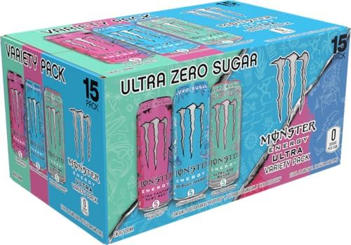 Monster Energy Ultra Variety Pack, Blue Hawaiian, Ultra Vice Guava, Ultra Fantasy Ruby Red, Sugar Free Energy Drink, 16 Ounce Can (Pack of 15)