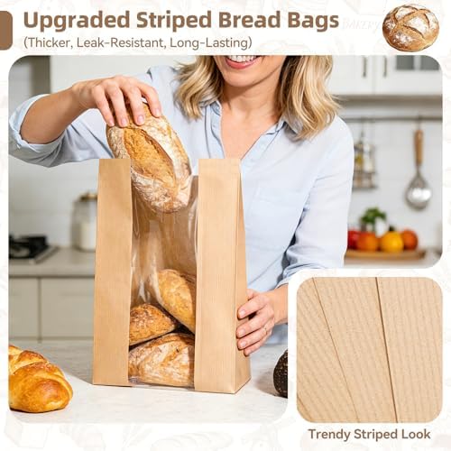 25 pcs Paper Bread Bags, Sourdough Bread Bags for Homemade Bread, Large Bakery Bags with Window for Packaging Baked Goods, Loaves, Label Seal sticker included