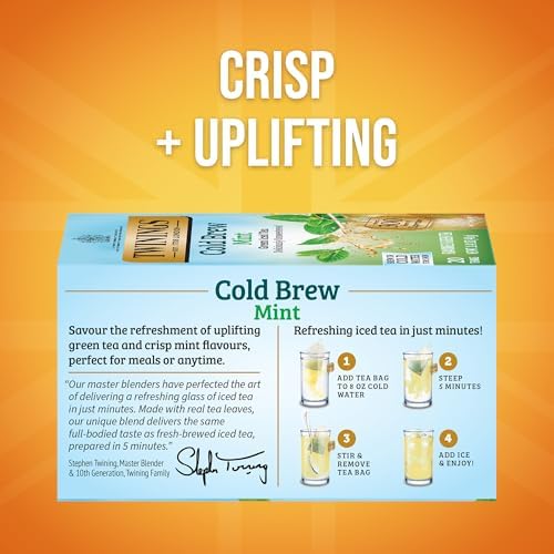 Twinings Cold Brewed Iced Tea - Mint Flavored Green Tea with Peppermint Leaves, Caffeinated Green and Black Tea Extracts, Unsweetened Cold Brew Tea Bags Individually Wrapped, 20 Count