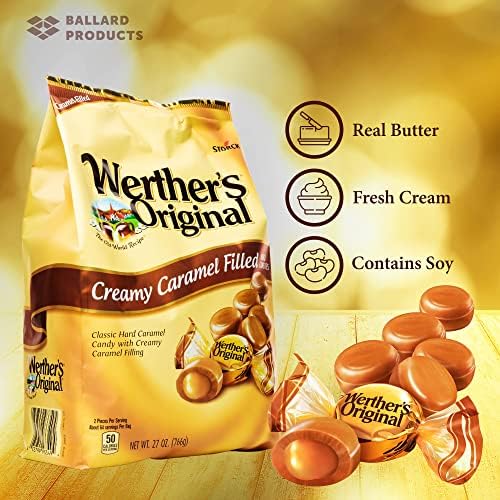 Werther's Original Creamy Caramel Filled Pack of 2 - Bulk Bags of Hard Candy Individually Wrapped (27 oz) Each - Werthers Caramel Filled Candy - Bundle with Ballard Products Pocket Bag