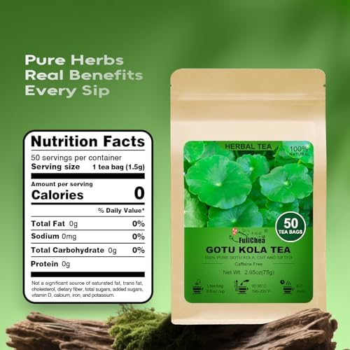 FullChea -Gotu Kola Tea, 50 Teabags - Premium Dried Gotu Kola Leaves - Natural Herbal Tea With Antioxidants & Minerals - Non-GMO - Caffeine-Free - Support Focus