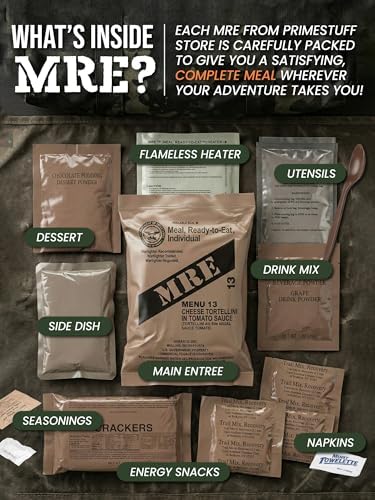 MRE Meals Ready to Eat – Military Survival Food Kit for Camping, Hiking, Hunting, Fishing, Outdoor Adventure & Emergency Preparedness – Complete Meal Rations with Flameless Heater, Long Shelf Life (Inspection Date 2026), Random Menu 1 Pack