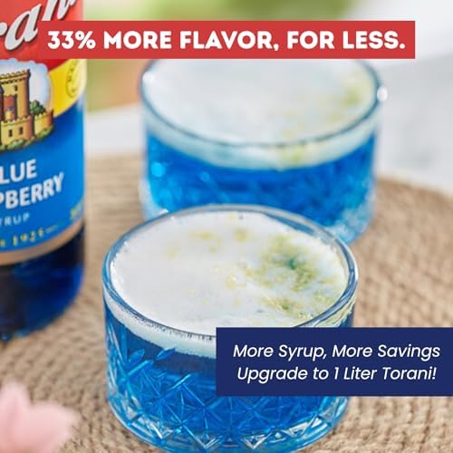 Torani Blue Raspberry Syrup 1 Liter Bottle with Pump Dispenser – Flavored Syrup with Pure Cane Sugar & Natural Ingredients – Perfect for Snow Cones, Shakes, Cocktails & Desserts
