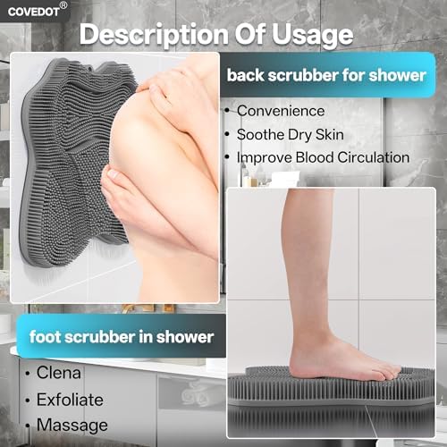 Dual-Sided Silicone Shower Foot Scrubber Mat – Foot Scrubber in Shower for Deep Cleaning & Exfoliation | Wall-Mounted Shower Foot Scrubber Mat & Back Cleaner for Men and Women (Grey, Standard)