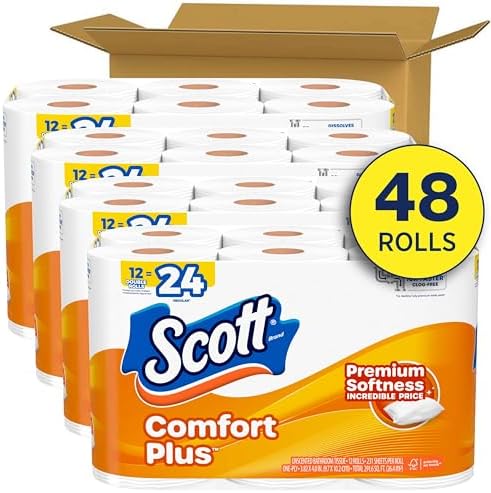 Scott ComfortPlus Toilet Paper, 48 Triple Rolls, 231 Sheets per Roll, Septic-Safe, 1-Ply Toilet Tissue (Packaging May Vary)