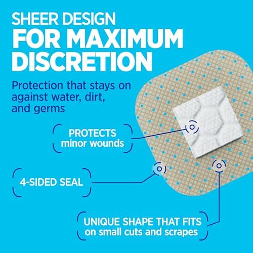 BAND-AID Brand Sheer Spots Adhesive Small Square Bandages, Sterile, Individually Wrapped Discreet First Aid & Wound Care for Minor Cuts & Scrapes, Quilt-Aid Comfort Pads, One Size, 50 ct