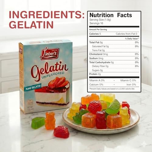LIEBERS Unflavored Gelatin Sugar Free Gelatin â€“ Kosher, Gluten Free Pure Gelatin Powder Unflavored â€“ 1 Oz. Box, Contains 2 Packets.