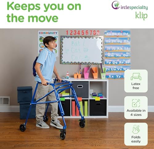 Klip- Lightweight Posterior Rollator Walker/Gait Trainer 4 Wheel - with Flip-Up Seat for Toddlers, Kids, Teens with Special Needs/Cerebral Palsy-Front Swivel Wheels, Height Adjustable, Foldable