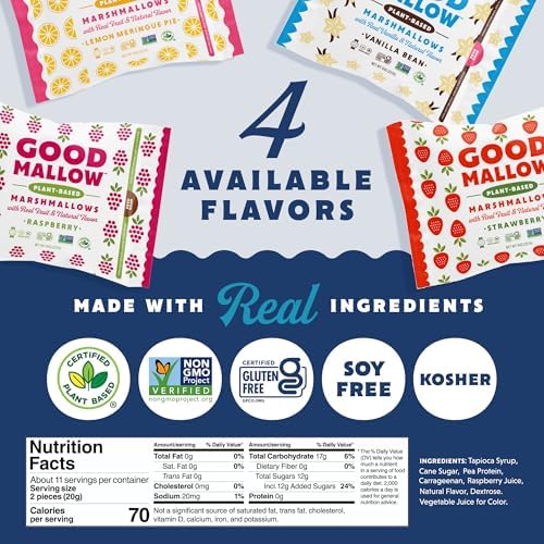 GoodMallow Vegan Marshmallows - Large Kosher Halal Gluten Free Dairy Free Healthy- 4 x 8oz. Natural Gelatin Free Marshmallows for Hot Chocolate, Smores, Baking - Nothing Artificial, Made in USA (White Vanilla ) (Pack of 4)