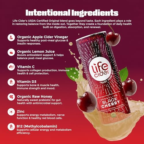 Life Cider Black Cherry Apple Cider Vinegar Soda, 4 Pack, Organic Sparkling AVC Drink, Natural Flavors, Promotes Gut Health, Vitamins C, B12, Zinc, D3