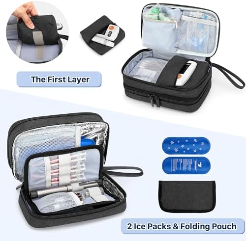 LUXJA Insulin Travel Case with 2 Ice Packs, Double Layer Diabetes Travel Case for Glucose Meter and Other Diabetic Supplies, Black