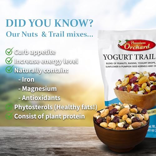 YOGURT TRAIL MIX BY PREMIUM ORCHARD - Seeds, Yogurt, Fruit and Nuts Mix - Trail Mix Bulk Blend of Mixed Nuts & Dried Fruit - Healthy Snacks, High Plant Protein, Non-GMO, 20z