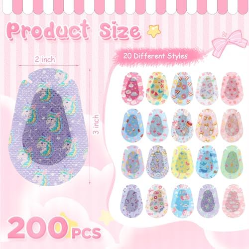 200 Pcs Adhesive Eye Patches for Kids Girls Cute Toddler Eye Patch Bulk Colorful Breathable Lazy Patch Cartoon Adhesive Bandages for Children Baby Light Blocking, 20 Styles, 3 x 2 Inches
