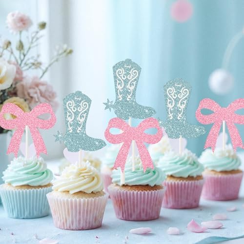 Boots or Bows Gender Reveal Cupcake Toppers 24PCS Western Cowgirl Cowboy Baby Shower Party Cake Decorations Boots and Bows Cupcake Picks Wild West Birthday Party Supplies (Blue and Pink)
