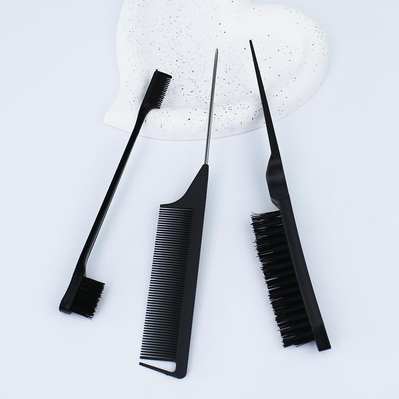 3 Pieces Hair Styling Comb Set Teasing Hair Brush Rat Tail Comb Edge Brush for Brushing, Combing, Slicking Hair for Women(Black)