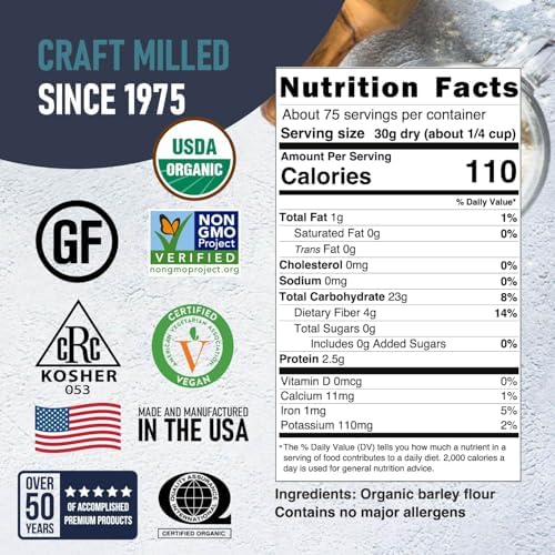 Great River Milling Organic Barley Flour | Unbleached, Unbromated, Non-GMO, Kosher | High Fiber, Nutty Flavor Perfect for Breads, Pancakes, & More | 5 Lb