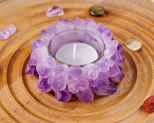 Natural Amethyst Cluster, Raw Crystal Tealight Candle Holder Crystal Stone Candle Stand High Energy Geode Votive with Healing Effects