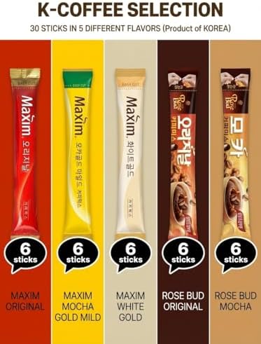 Korean Instant Coffee Packets Mix - 30 Sticks Variety Pack with Dalgona Candy & Rice Snacks | 5 Flavors Gift Set (Maxim Original, Mocha Gold)