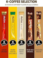 Korean Instant Coffee Packets Mix - 30 Sticks Variety Pack with Dalgona Candy & Rice Snacks | 5 Flavors Gift Set (Maxim Original, Mocha Gold)