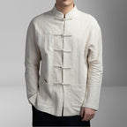 Men's Cotton Linen Blend Long Sleeve Mandarin Collar Shirt Pocket Detail Chinese Style Retro Loose Fit Casual Wear