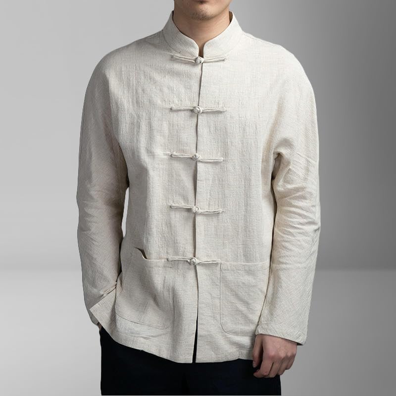 Men's Cotton Linen Blend Long Sleeve Mandarin Collar Shirt Pocket Detail Chinese Style Retro Loose Fit Casual Wear
