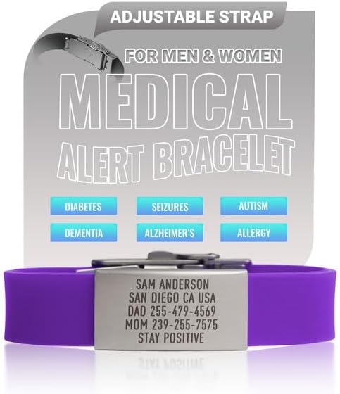 Medical Alert ID Bracelet - Personalized Stainless Steel Tag with Adjustable Silicone Band, Waterproof Emergency Identification Wristband for Women and Men (5 Lines Custom Engraving)