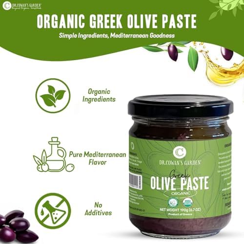 Dr. Cowan’s Garden Greek Olive Paste – Organic Kalamon Olive Spread – Authentic Mediterranean Flavor Dip – Small-Batch Family Farm Product from Greece (6.7 oz)