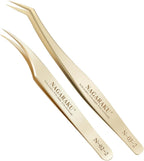 NAGARAKU Professional Eyelash Extension Tweezers, Precision Tip Stainless Steel Gold Lash Tool Straight & Curved for Individual & Volume for Salon, Isolation & Easy Fans 1 Pair (N-02-2 & N-03-2)