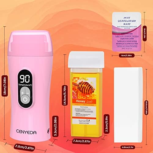 Digital Roll On Wax Kit,Honey Thermostatic Roller Waxing Kit for Sensitive Skin, Depilatory Soft Wax Warmer with 2 Cartridge Refill 10 Wax-removing wipes and 100pcs Wax Strips