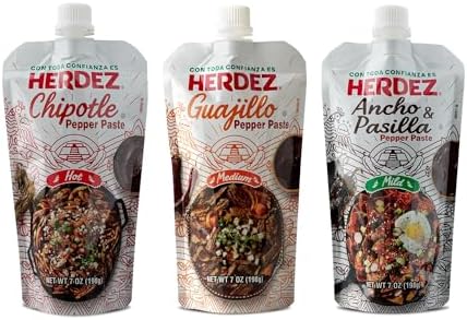 HERDEZ Pepper Paste Trio, Chipotle (Hot), Guajillo (Medium), Ancho & Pasilla (Mild) 7 oz Squeeze Pouch with Easy Close Twist Cap (3 Pack)– Bold Mexican Flavor & Dried Chile Pepper Alternative