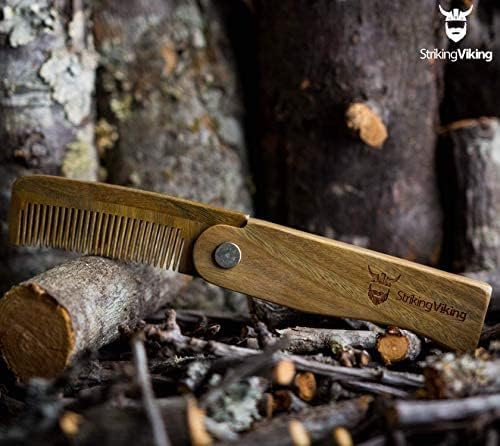 Striking Viking Folding Wooden Comb for Men - Sandalwood Switchblade Beard Comb for Grooming and Styling - Use Dry or With Oils & Balms