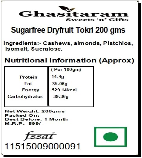 Ghasitaram Gifts Indian Sweets - Sugar Free Sweets - Dryfruit Tokri 200 gms