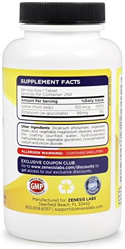 Potassium Gluconate 99mg + 150mcg Iodine from Kelp Bulk (250 Tablets/Bottle)
