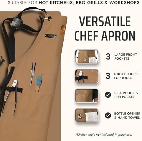 Asaya Chef and BBQ Apron with Bottle Opener and Hand Towel - 10oz Cotton Canvas, Stainless Steel Hardware - Cross Back Straps