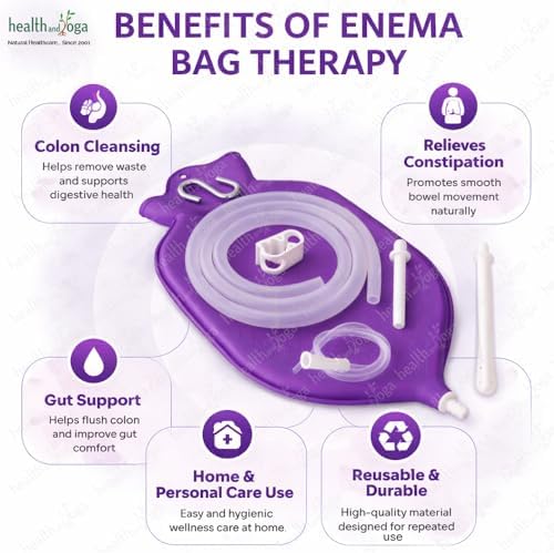 HealthAndYoga™ NaturoFlo Superior Enema Bag Kit with Silicone Tubing Hose and Fittings - 2 Quart Fountain Open top Kit for Fleet Enema and Anal Douche - Purple