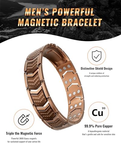 Copper Bracelet for Men,3X Magnetic,3800 Gauss,99.99% Pure Copper Magnetic Bracelets for Men, Power Balance,Shield Design,Gift Box Packaging With Adjustment Tool