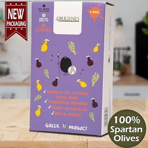 Pack of 4 Kalamon Olives in Vacuum Pack, Kalamata Olives with Greek Oregano and Red Wine Vinegar, Freshly Sealed Olives Kalamata with Extra Virgin Oil 4X200g