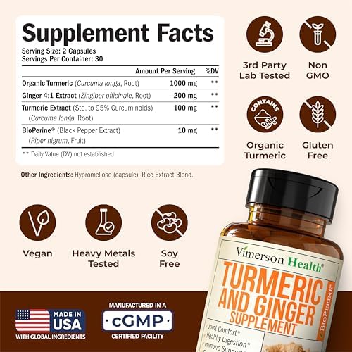 Turmeric Curcumin Supplement with Ginger Root for Joint Support, Digestive & Gut Health - Contains Organic Turmeric Curcumin with Black Pepper (Bioperine) for Enhanced Absorption - 60 Capsules, 2 Pack