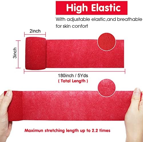 Self Adherent Cohesive Bandage Latex 3"x5 Yards First Aid Bandages Stretch Sport Athletic Wrap Vet Tape for Wrist Ankle Sprain and Swelling,Red(12 Rolls)
