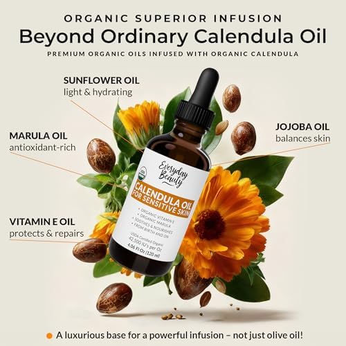 Organic Calendula Oil For Sensitive Skin - USDA Certified 100% Plant Based, Lightweight & Unscented Gentle Soothing Oil For Sensitive Skin - For Face, All Over - Large 4.06 Fl Oz Glass & Dropper