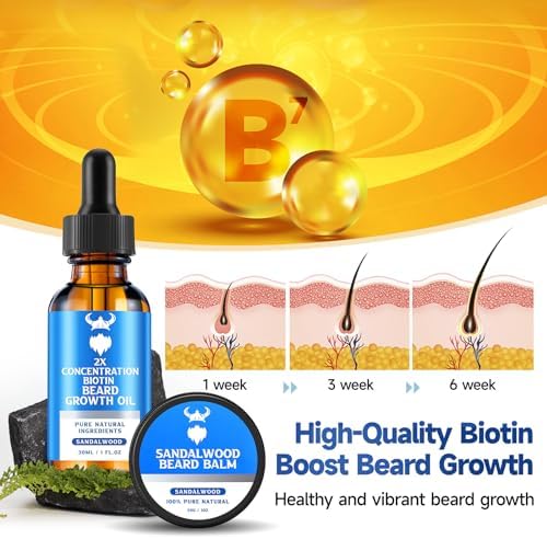 Beard Growth Oil & Beard Balm - Beard Growth Kit with 2X Concentration Biotin for Men, Natural Ingredients with Argan Oil, Jojoba Oil and Vitamin (Sandalwood)