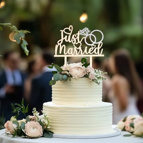 Just Married Cake Topper – Wooden & Silver Glitter Wedding Cake Decoration for Bride and Groom, Ideal for Wedding, Anniversary, and Bridal Shower Celebrations