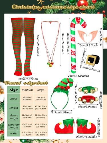 Nuanchu 14 Pcs Women Christmas Elf Costume Set Christmas Velvet Dress Santa's Helper Costume Outfit for Xmas Party Cosplay