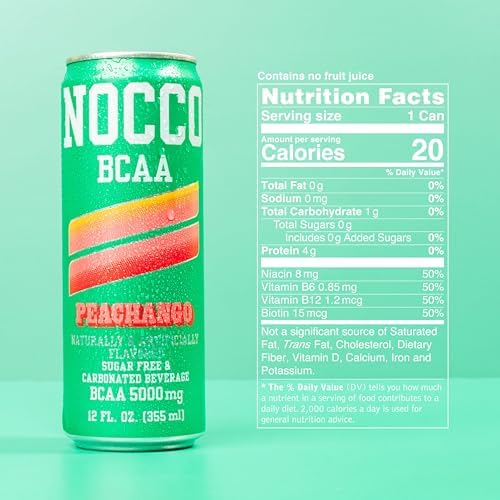 NOCCO BCAA Drink Peachango - 12 Fl Oz (Pack of 12) - 0mg of Caffeine, 5000mg of BCAAs – Sugar & Caffeine Free Low Calorie Carbonated Drink with Vitamin B6, B12, Biotin - Grab & Go Performance Drink